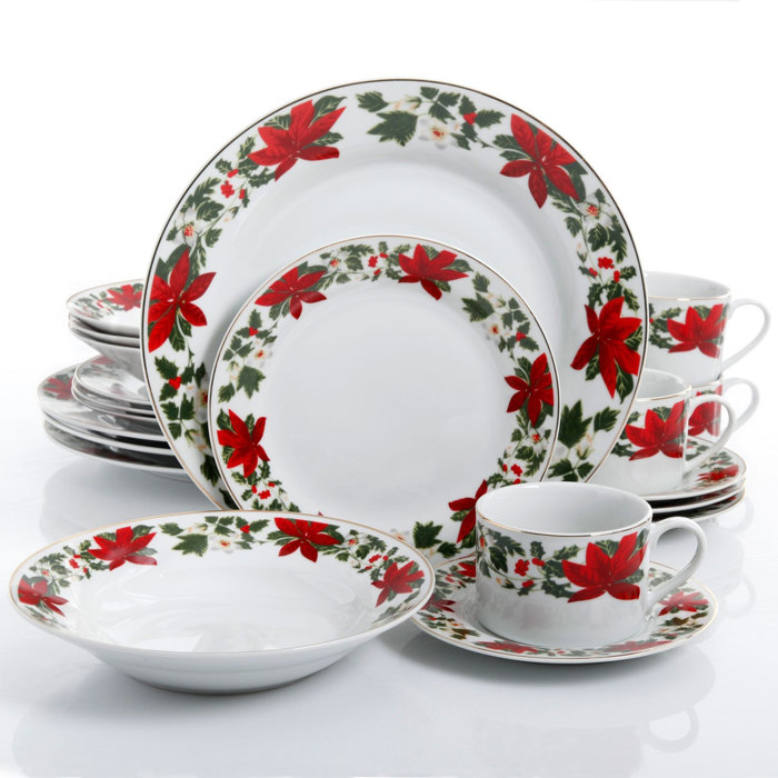 Gibson Home Poinsettia Holiday 20 Piece Dinnerware Set, Service for 4
